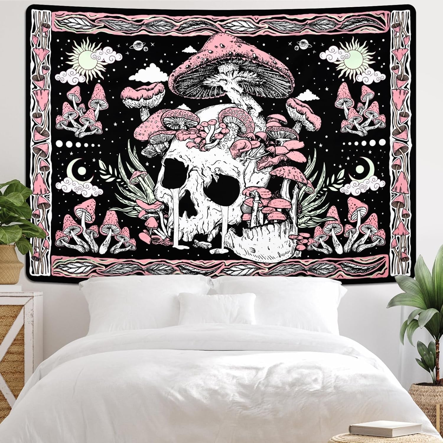 Gobelin Yugarlibi rosa Totenkopf Pilze Skelett Zuhause – Accessoires und Dekorationen Naty Shop