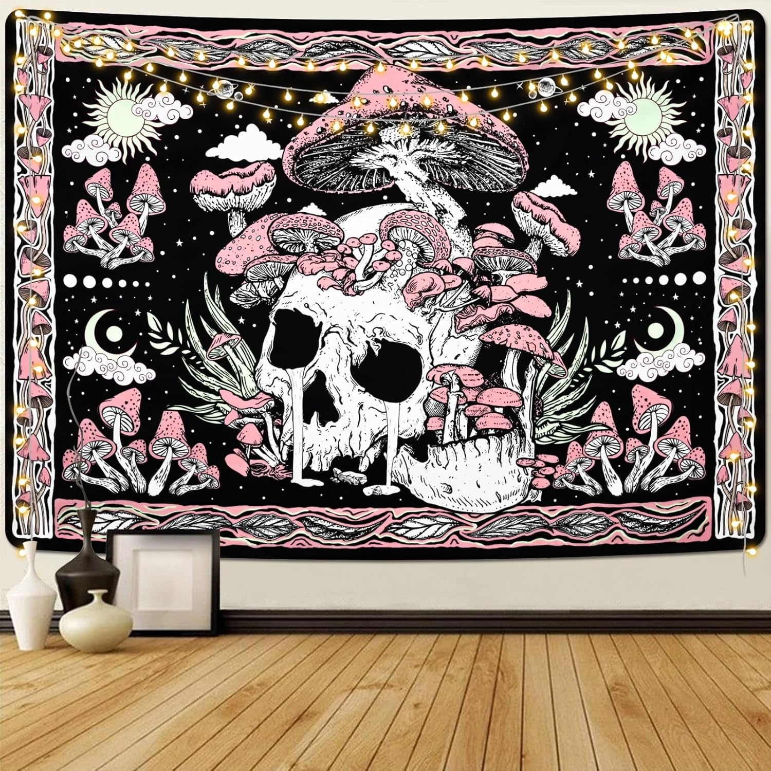 Wandteppich Yugarlibi rosa Totenkopf Pilze Skelett Zuhause – Accessoires und Dekorationen Naty Shop Rosa 150 L x 130 B cm