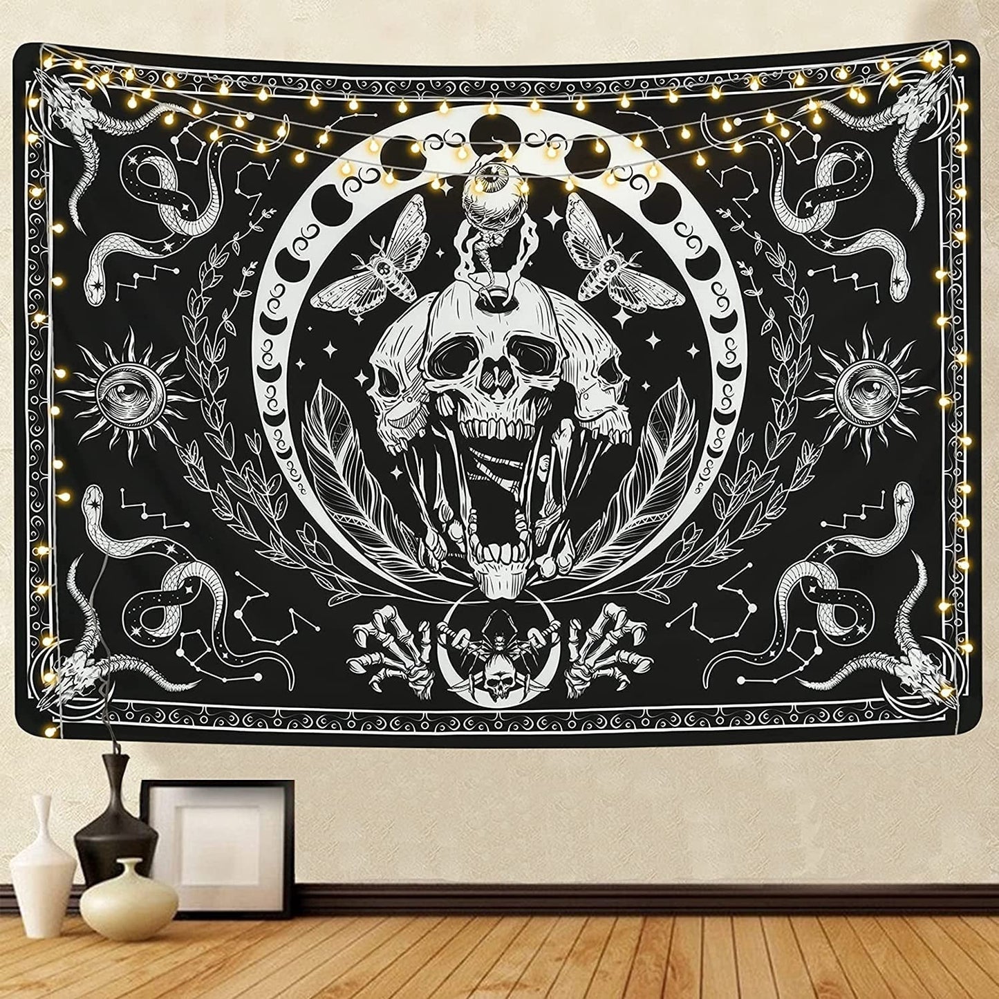 Gobelin Yugarlibi Skelett schwarz Schlangenmotte ästhetische Leinwand Zuhause – Accessoires und Dekorationen Naty Shop Schwarz 150 L x 130 B cm