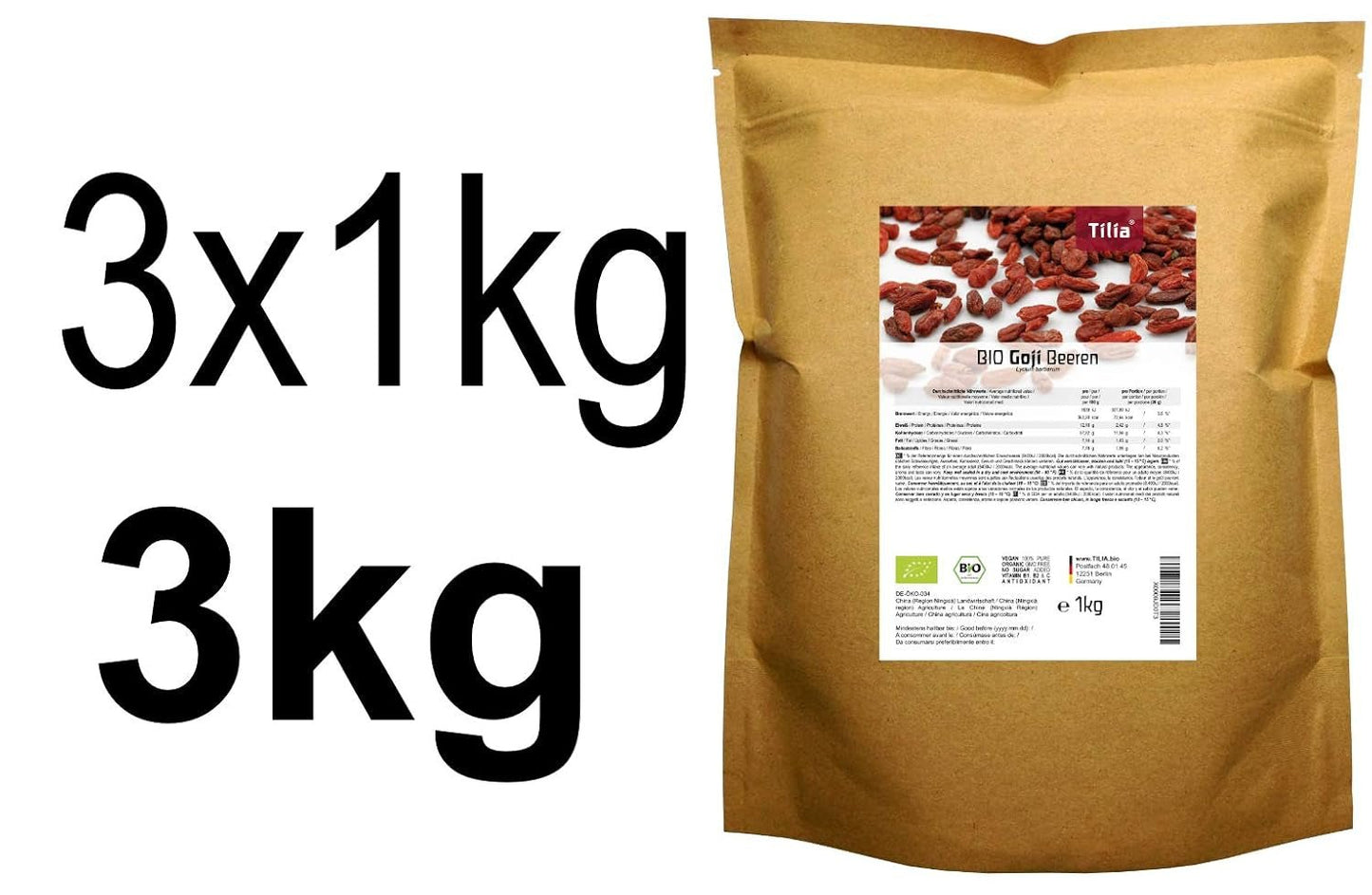Tilia BIO Goji-Beeren 1 kg Naty Shop dehydrierte Produkte 1 kg (3er Pack)