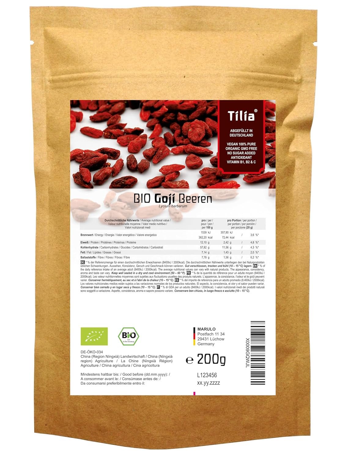 Tilia BIO Goji-Beeren 1 kg Naty Shop dehydrierte Produkte 200 G (1 Packung)