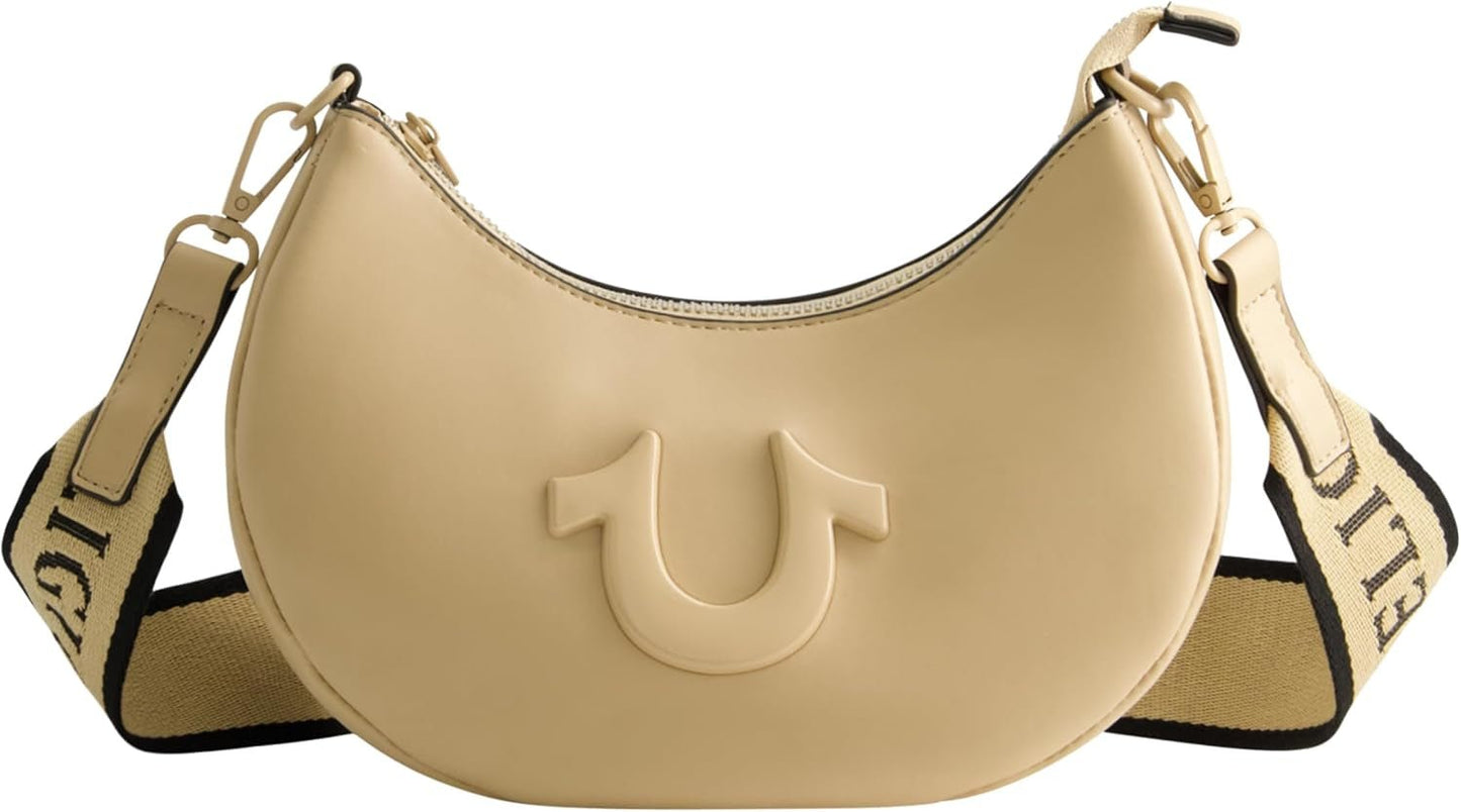 True Religion Damen-Umhängetasche, halbmondförmige Hobo-Handtasche mit verstellbarem, abnehmbarem Riemen und Hufeisen-Logo, Damentaschen, Naty Shop, Kamel