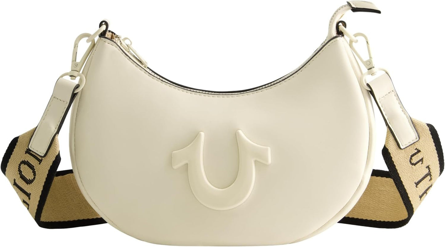 True Religion Damen-Umhängetasche, halbmondförmige Hobo-Handtasche mit verstellbarem, abnehmbarem Riemen und Hufeisen-Logo, Damentaschen, Naty Shop, Elfenbeinfarben