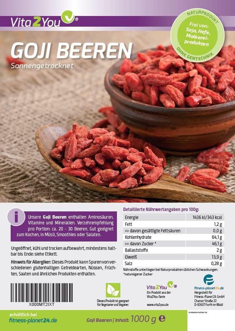 Vita2You Goji-Beeren 1 kg – Wolfsbeeren – sonnengetrocknet – ungeschwefelt und ohne Zusatzstoffe – 1000 g – Zip-Beutel – Premium-Qualität. Dehydrierte Produkte Naty Shop