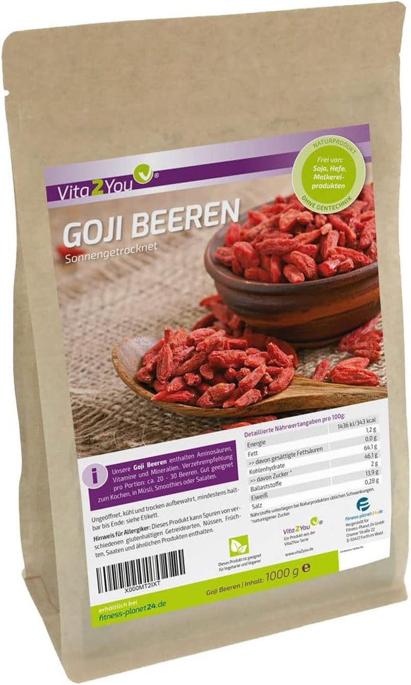 Vita2You Goji-Beeren 1 kg – Wolfsbeeren – in der Sonne getrocknet – ungeschwefelt und ohne Zusatzstoffe – 1000 g – Zip-Beutel – Premium-Qualität. Dehydrierte Produkte Naty Shop Standardtitel