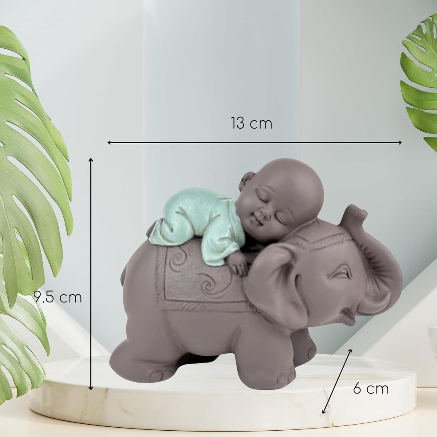 Zen'Light-Statue Buddha Bonze, der auf einem Elefanten schläft – Zen-Atmosphäre in Ihrem heiligen Raum – wunderschöne glückverheißende Figur – H 9,5 cm, braun und grün. Statuetten und Skulpturen von Naty Shop