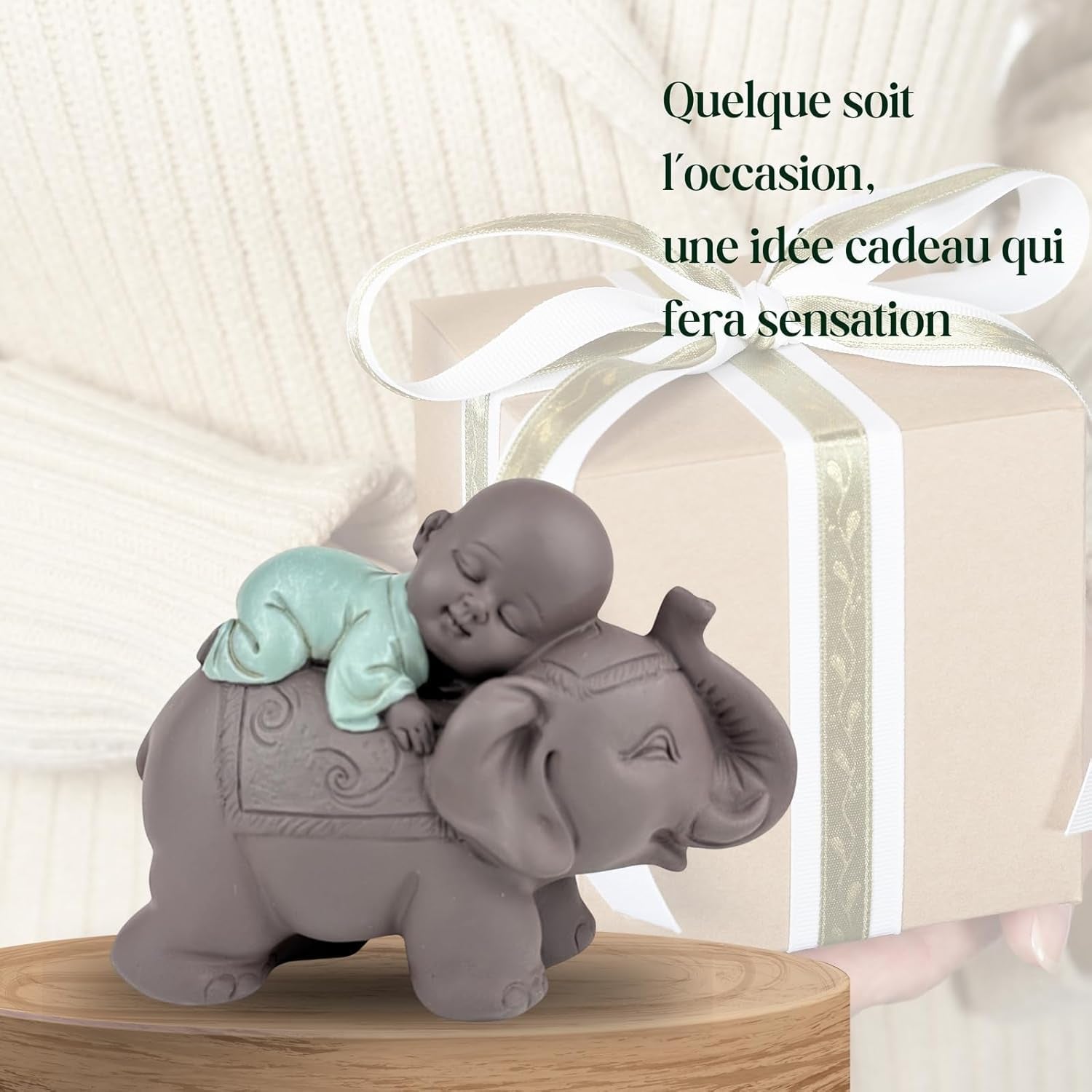 Zen'Light-Statue Buddha Bonze, der auf einem Elefanten schläft – Zen-Atmosphäre in Ihrem heiligen Raum – wunderschöne glückverheißende Figur – H 9,5 cm, braun und grün. Statuetten und Skulpturen von Naty Shop