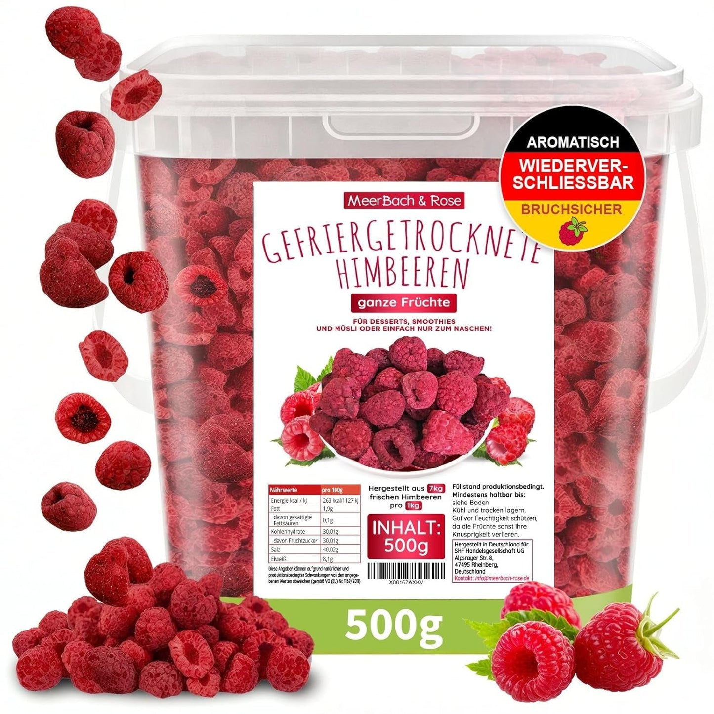 Gefriergetrocknete Himbeeren, KEINE chinesischen Produkte, 500g gefriergetrocknete ganze Früchte, ohne Zusatzstoffe, fruchtig, hergestellt in Deutschland. Trockenprodukte Naty Shop 500 G (1 Packung)